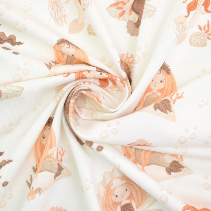 Tissu jersey de coton Ocean Dreams Sirènes Bord de mer chic, blanc cassé