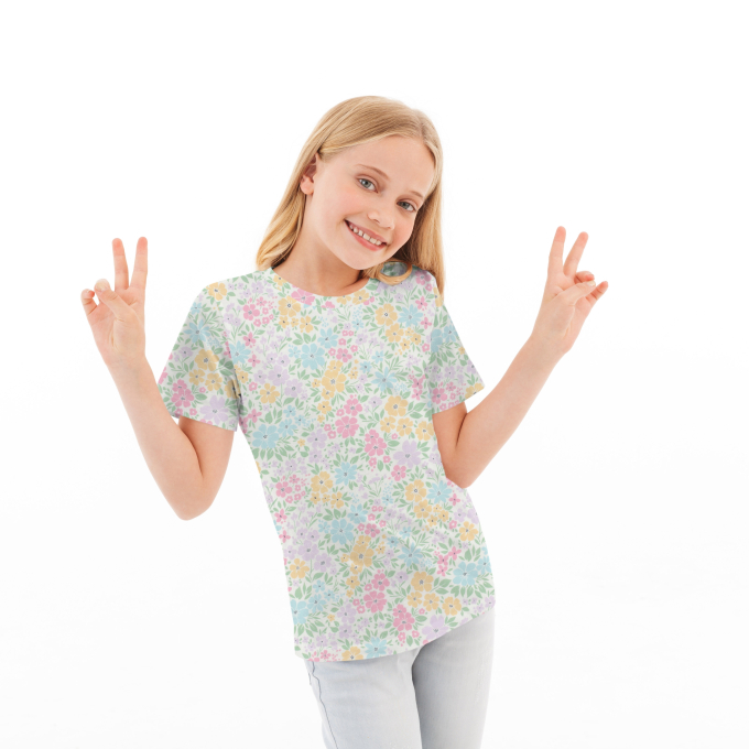 Tissu jersey de coton Fleurs pastel, blanc cassé