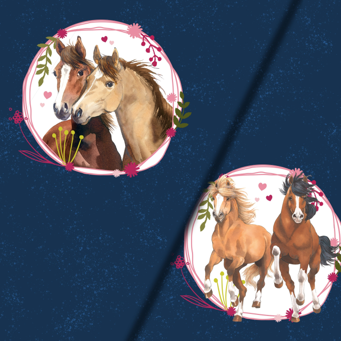 Tissu jersey de coton Panneau Amis des chevaux Galopp-Duo 150 x 70 cm, bleu foncé