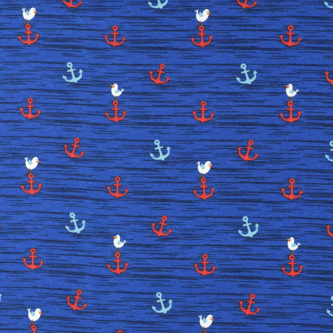 Tissu jersey de coton ancres marines Seagull anchor, bleu royal