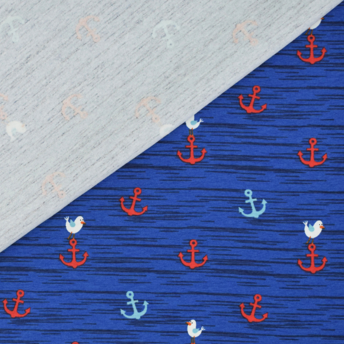 Tissu jersey de coton ancres marines Seagull anchor, bleu royal