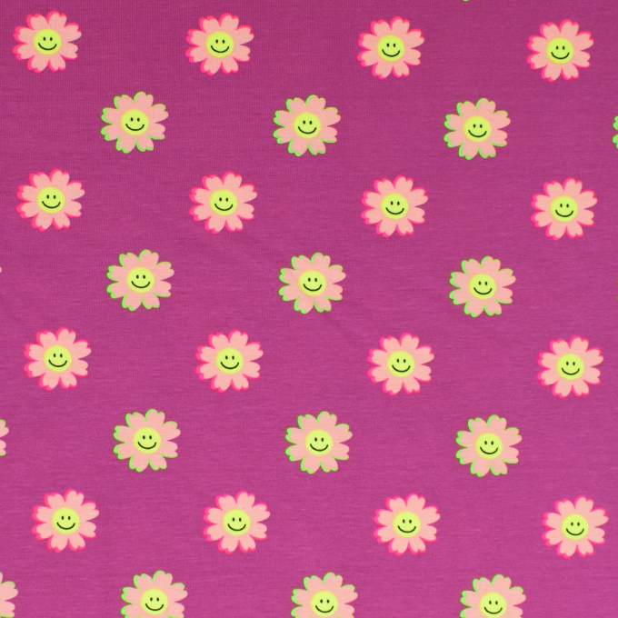 Katoenjersey Smilie Flowers, bessenkleurig