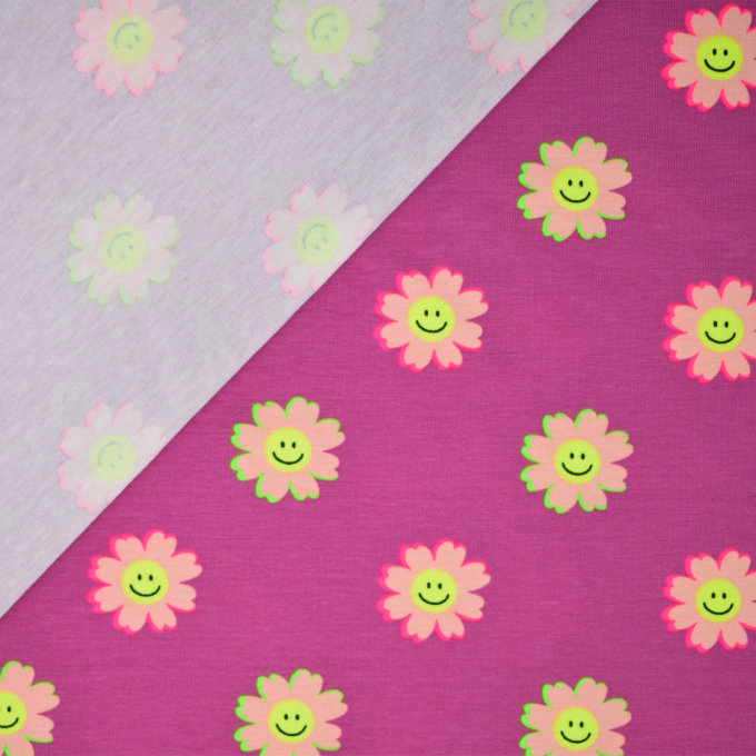 Katoenjersey Smilie Flowers, bessenkleurig