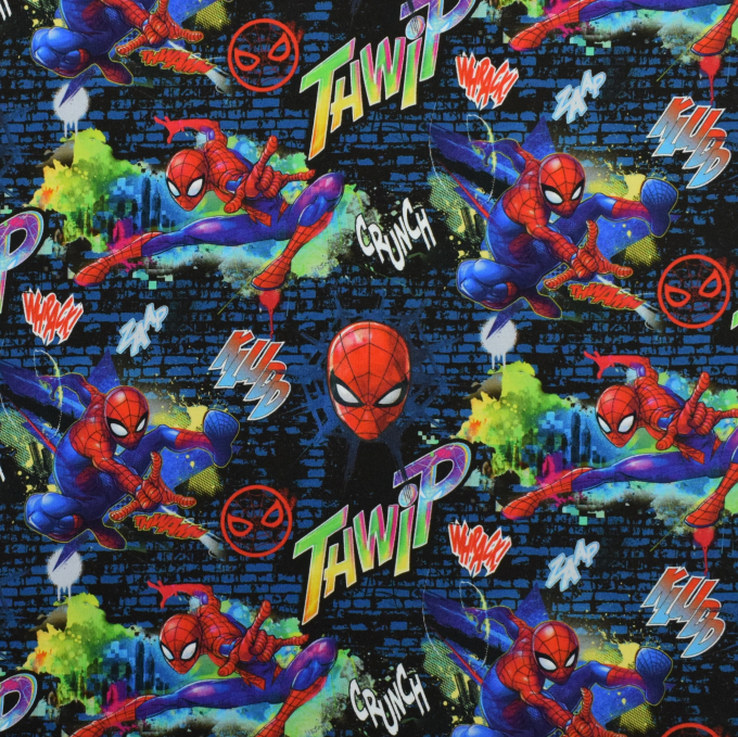 Tissu jersey de coton Spiderman, bleu foncé