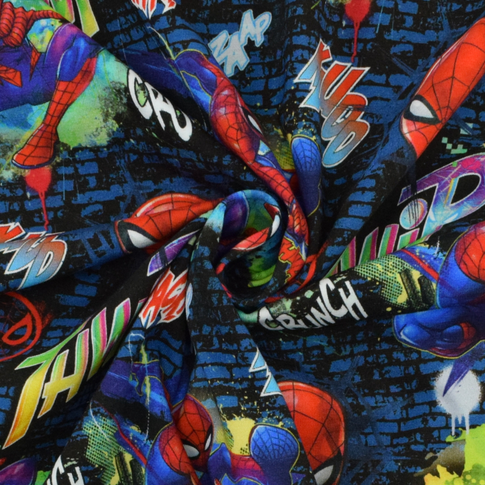 Tissu jersey de coton Spiderman, bleu foncé