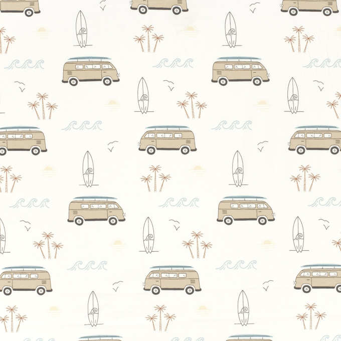 Tissu jersey de coton Mini-bus van combi Surfers Life, blanc cassé
