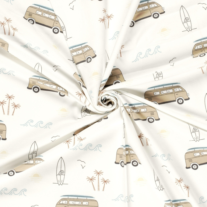 Tissu jersey de coton Mini-bus van combi Surfers Life, blanc cassé