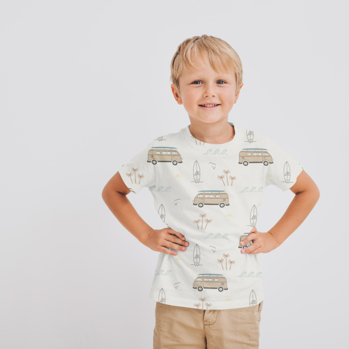 Tissu jersey de coton Mini-bus van combi Surfers Life, blanc cassé