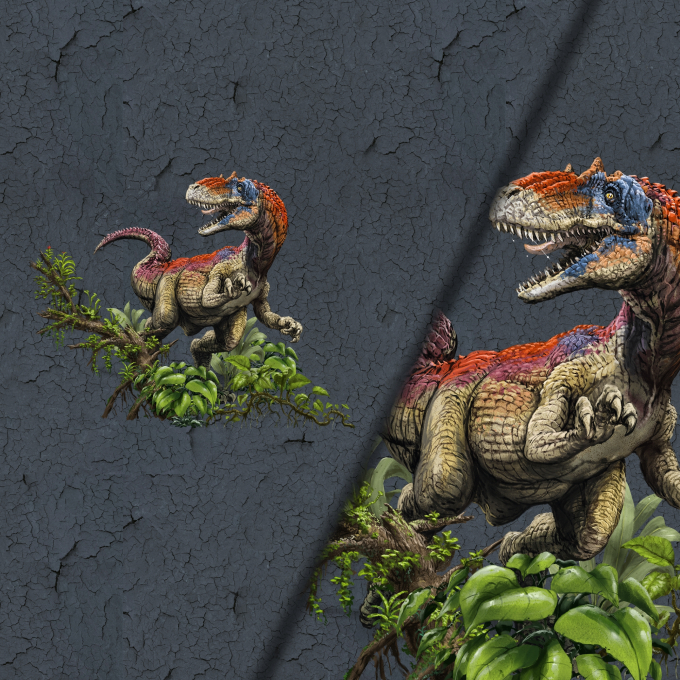 Tissu jersey coton panneau dinosaure T-Rex World Allosaurus, 150 x 70 cm