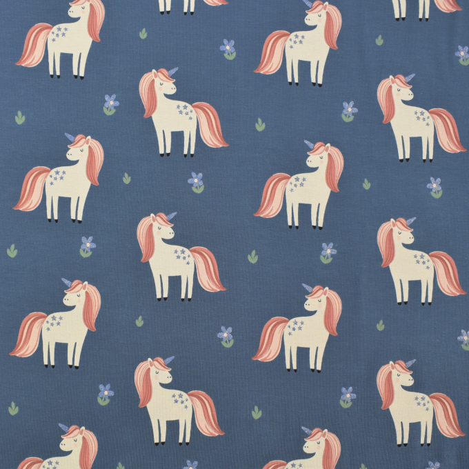 Tissu jersey de coton Licornes Unicorn Love, bleu denim