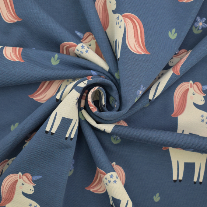 Tissu jersey de coton Licornes Unicorn Love, bleu denim