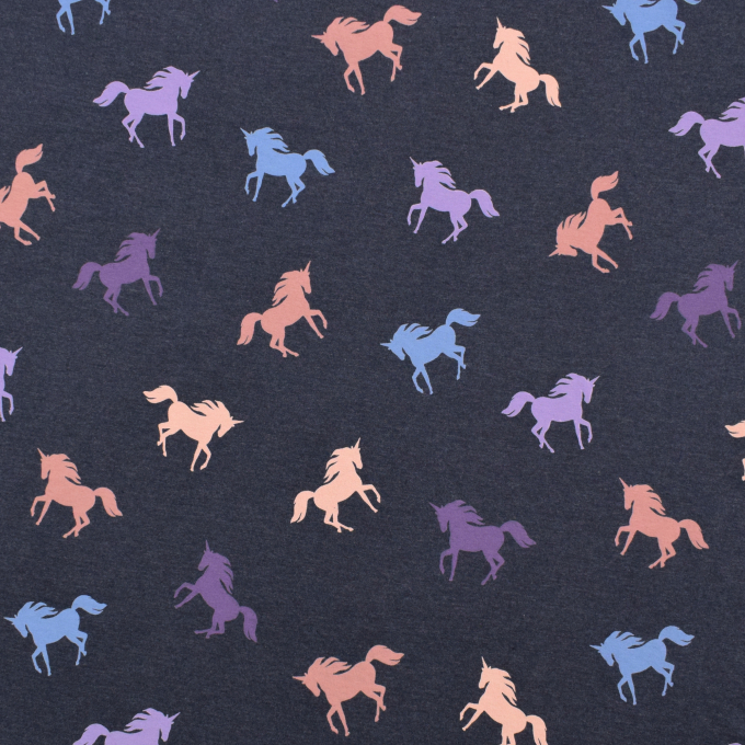 Tissu jersey de coton Licornes Unicorn Ride, marine chiné