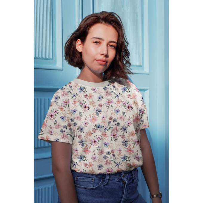Katoenjersey Vintage Flowers, gebroken wit