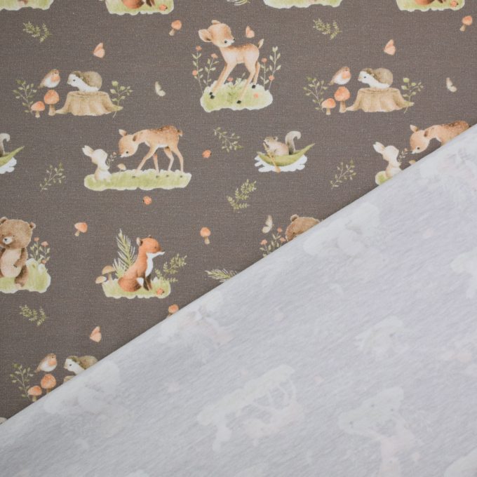 Baumwolljersey Waldtiere, taupe