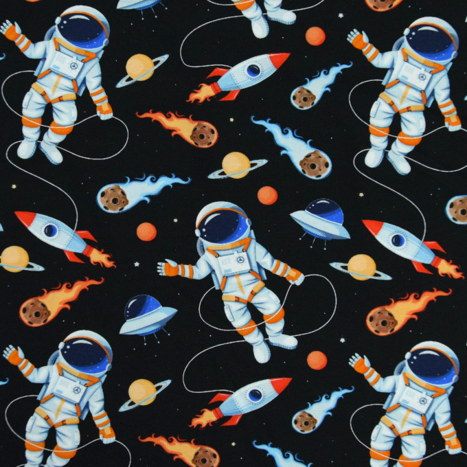 Tissu jersey de coton cosmonautes et fusées dans l'espace, noir