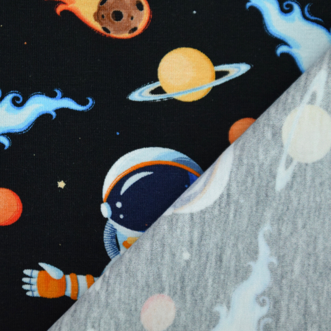 Tissu jersey de coton cosmonautes et fusées dans l'espace, noir