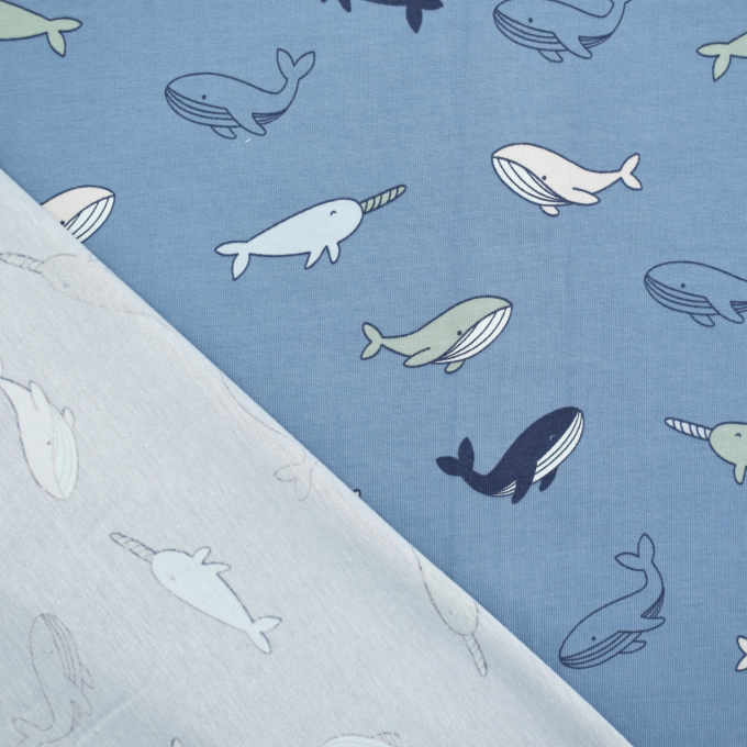 Baumwolljersey Whales Poppy, jeansblau