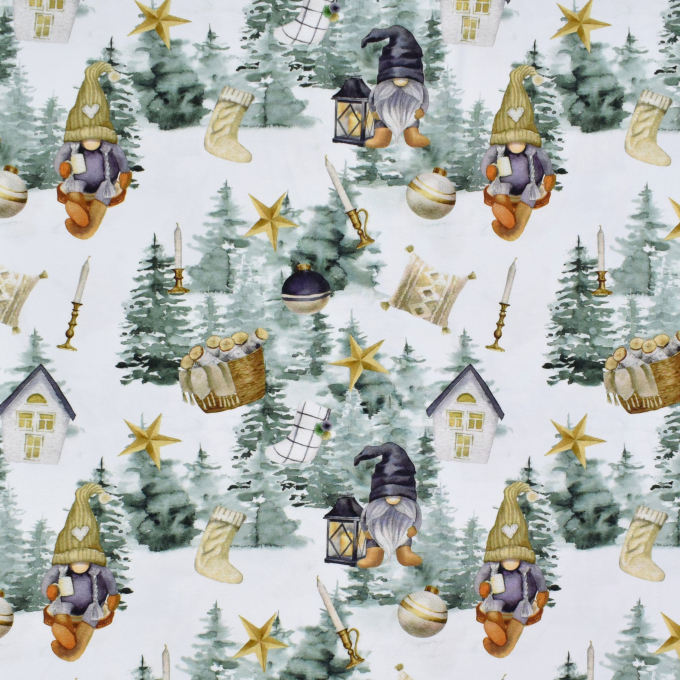 Cotton jersey Winter Gnomes, off white