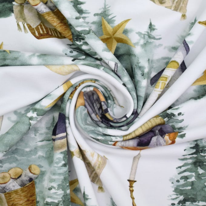 Cotton jersey Winter Gnomes, off white