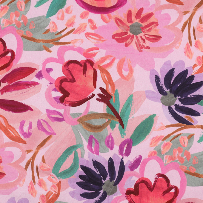 Katoen satijn painted flowers, roze