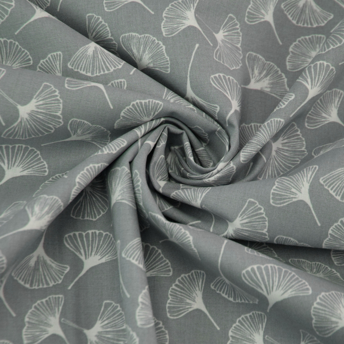 Baumwollstoff Cretonne Ginkgoblatt, grau