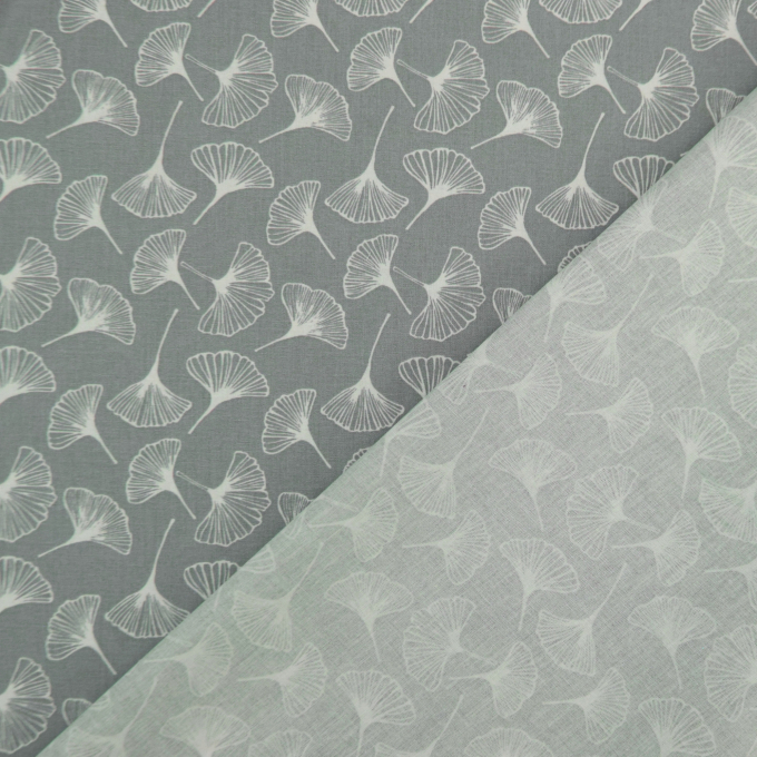 Baumwollstoff Cretonne Ginkgoblatt, grau