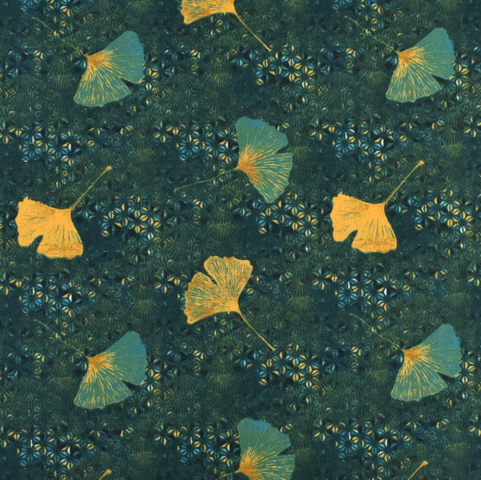 Baumwollstoff Cretonne Herbst Ginkgoblatt, dunkelpetrol