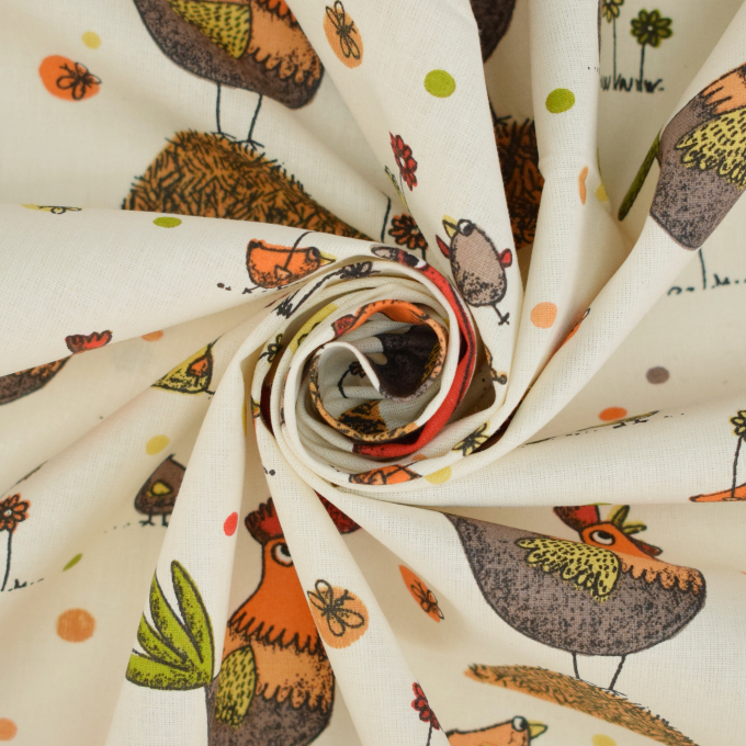 Tissu coton cretonne Poules, crème