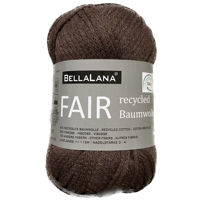 Pelote de laine coton recyclé & viscose BellaLana FAIR, 50g, marron