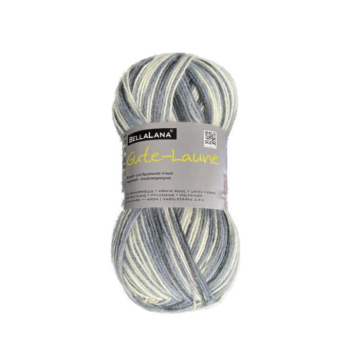 Pelote de laine à chaussettes laine vierge & polyamide BellaLana Gute Laune 100gr, gris-blanc