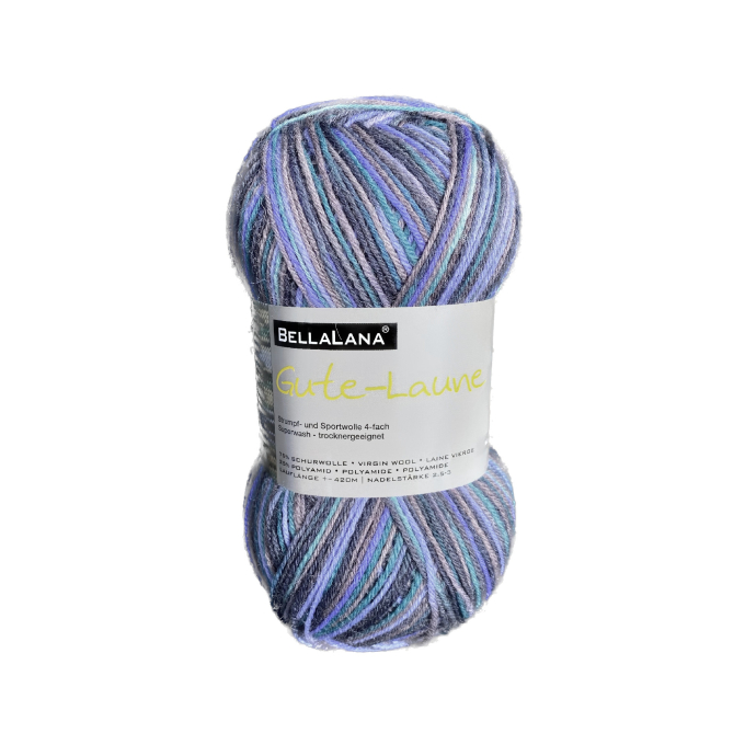 Pelote de laine à chaussettes laine vierge & polyamide BellaLana Gute Laune 100gr, bleu pétrole-lila