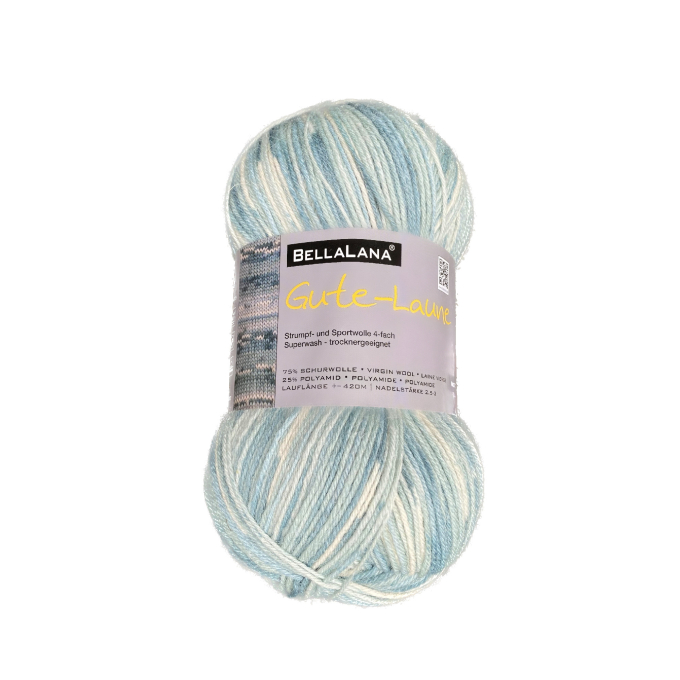 Pelote de laine à chaussettes laine vierge & polyamide BellaLana Gute Laune 100gr, bleu clair-blanc