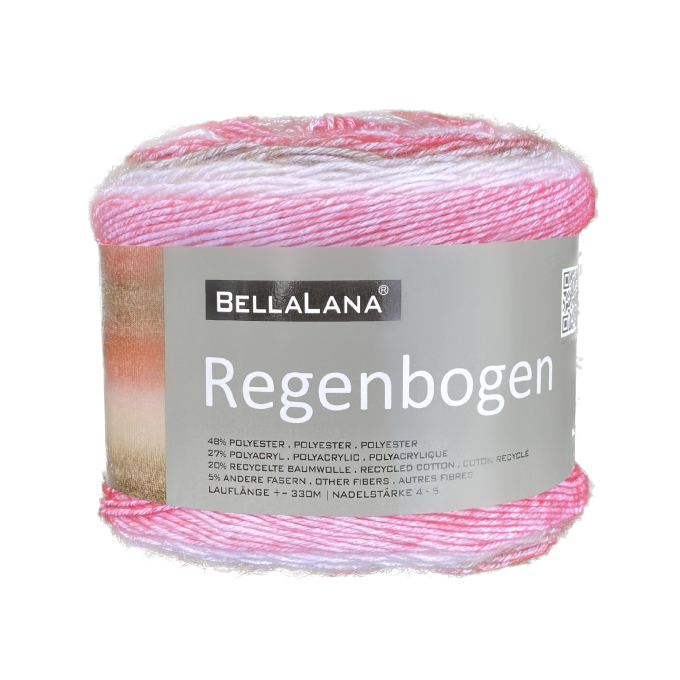 Pelote de laine douce coton recyclé & polyacrylique BellaLana Regenbogen 150g, blanc-rouge