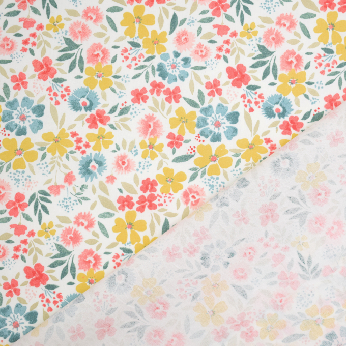 Tissu enduit coton déperlant Fleurs, blanc