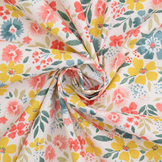 Tissu enduit coton déperlant Fleurs, blanc