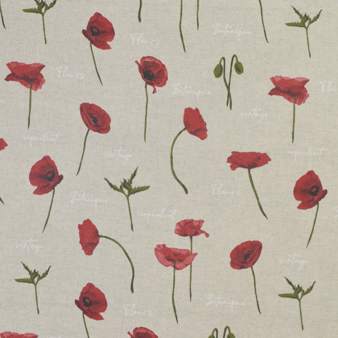Tissu enduit coton déperlant coquelicots, beige