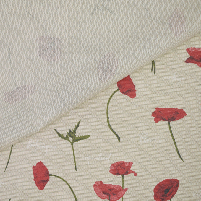 Tissu enduit coton déperlant coquelicots, beige