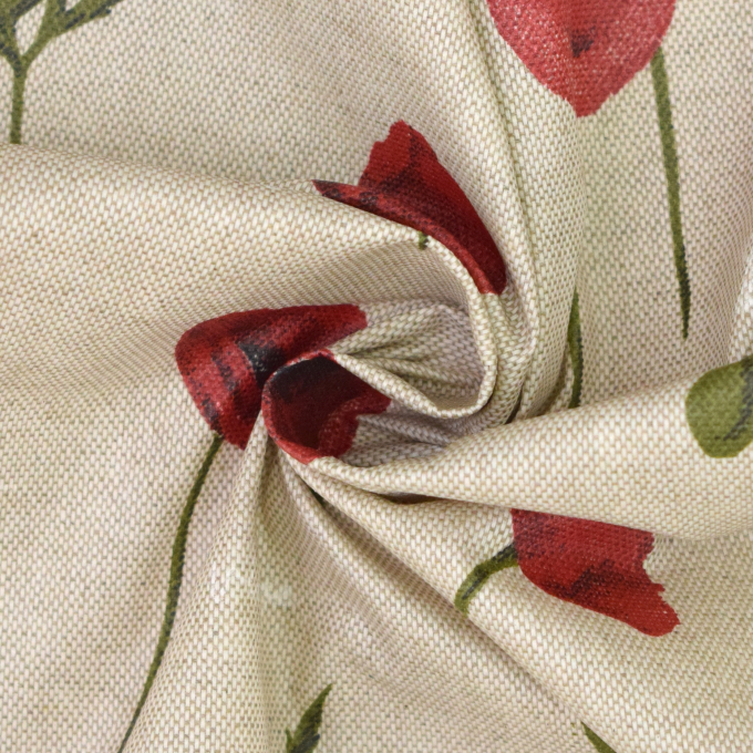 Tissu enduit coton déperlant coquelicots, beige
