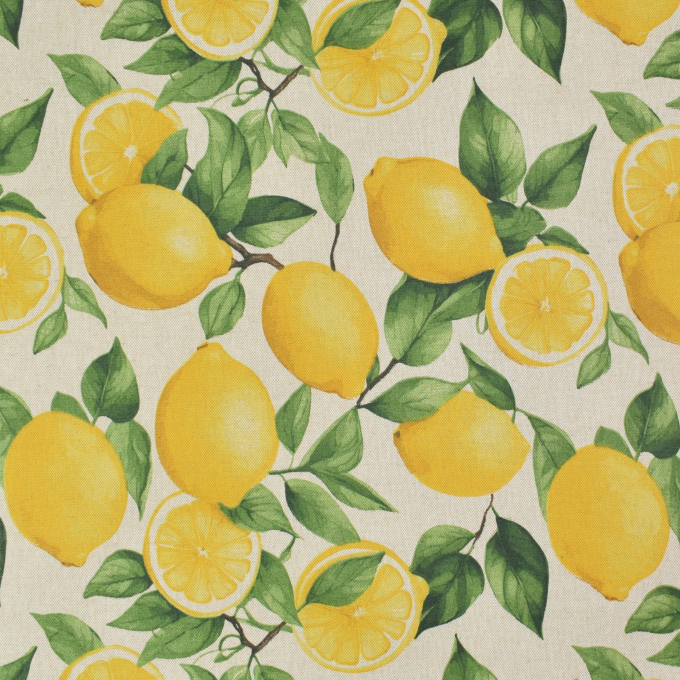 Tissu enduit coton déperlant citrons, beige