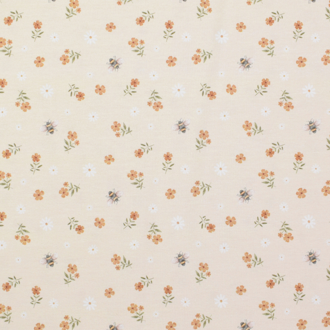 Biologische katoenjersey flowers and bees, beige