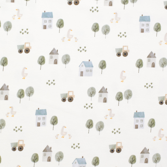 Tissu french terry bio Tracteurs et fermes, blanc cassé