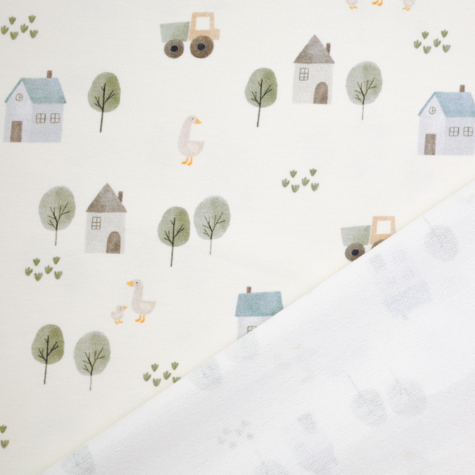Tissu french terry bio Tracteurs et fermes, blanc cassé