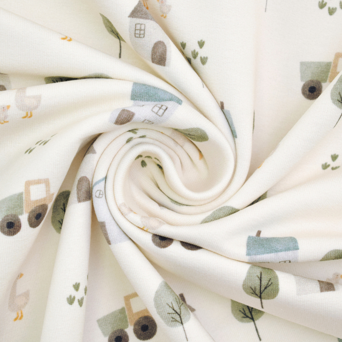 Tissu french terry bio Tracteurs et fermes, blanc cassé