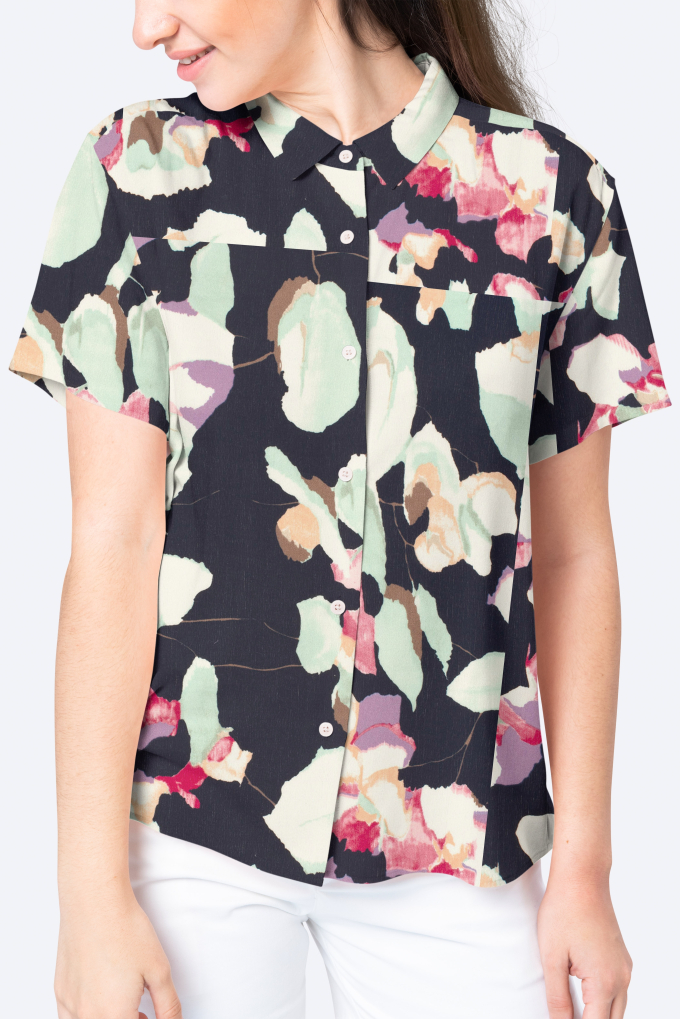 Viscose Crepe abstract flowers, navy blue