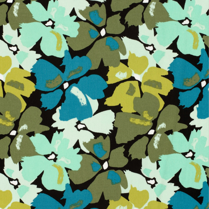 Tissu crêpe viscose Fleurs Flowers, noir