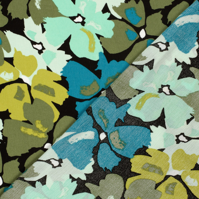 Tissu crêpe viscose Fleurs Flowers, noir
