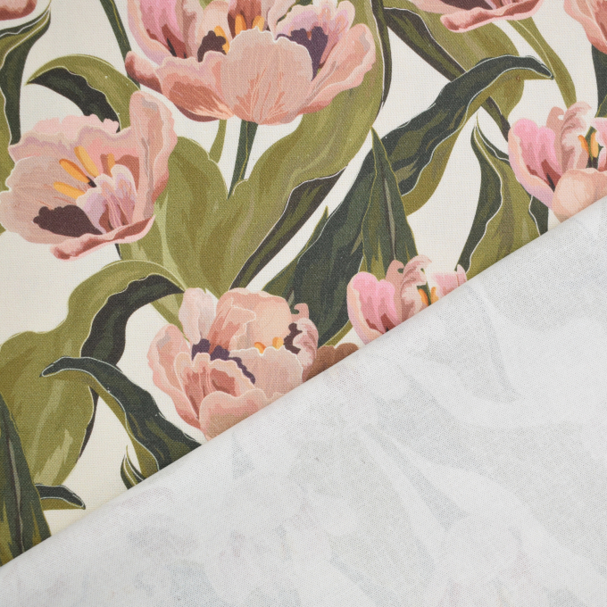 Decoratiestof canvas flowers, cremekleurig
