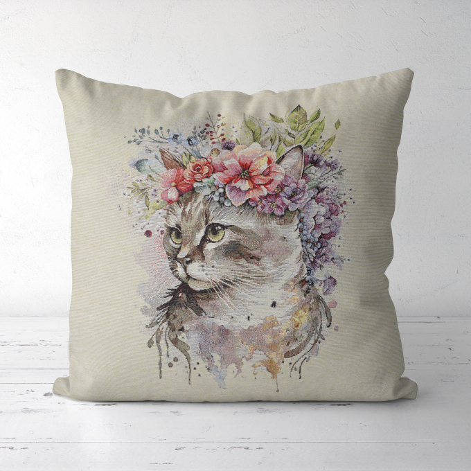 Dekostoff Gobelinstoff Panel Flower Cat, 46 x 46 cm