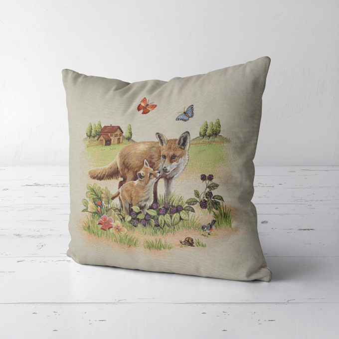 Dekostoff Gobelinstoff Panel Fox Family, 46 x 46 cm