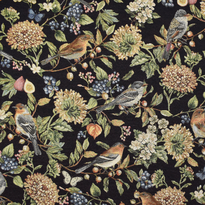 Dekostoff Gobelinstoff Paradise Bird Flora, schwarz